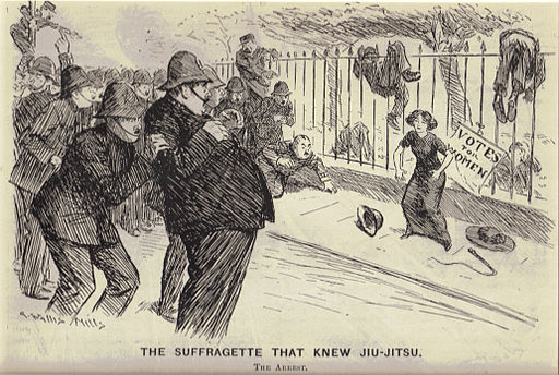 The Suffragette that Knew Jiu-Jitsu. The Arrest. (Edith Margaret Garrud) PUNCH 6 June 1910; cartoonish Arthur Wallis Mills