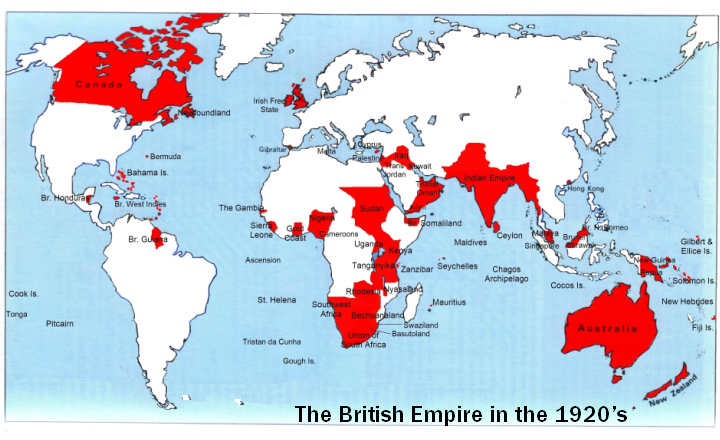Map of the British Empire in the 1920s from Wikimedia Map of the British Empire in the 1920s from Wikimedia