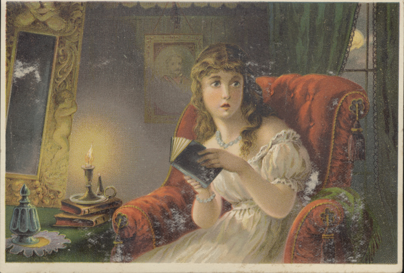 Woman reading a book, looking over her left shoulder as if in surprise or fright.