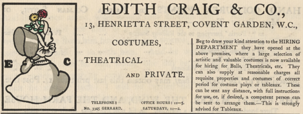 An advertisement of Edith Craig's Costumier Shop in Pamela Colman Smith's publicatoin, The Green Sheaf.