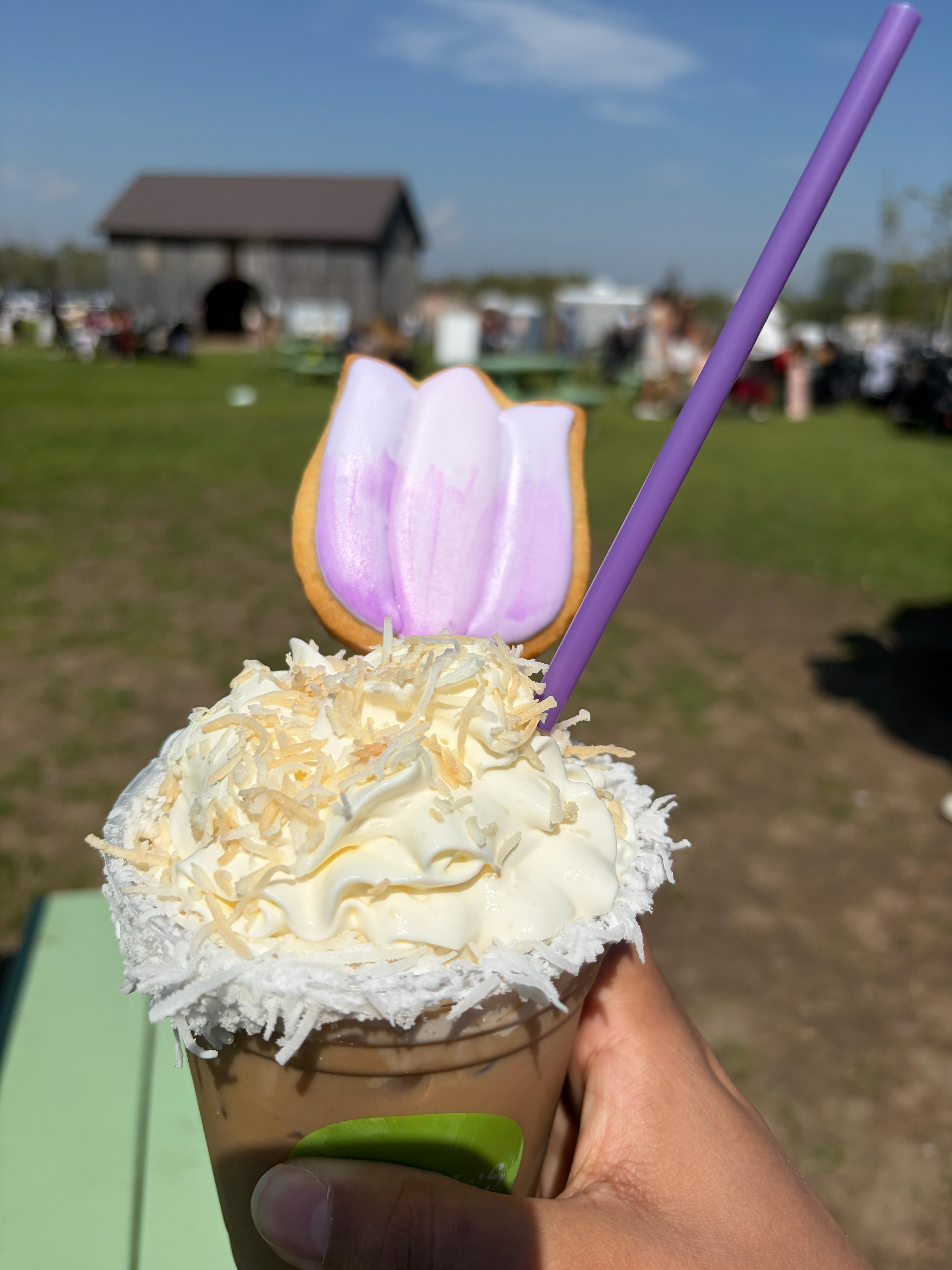 iced coffee with a tulip biscuit
