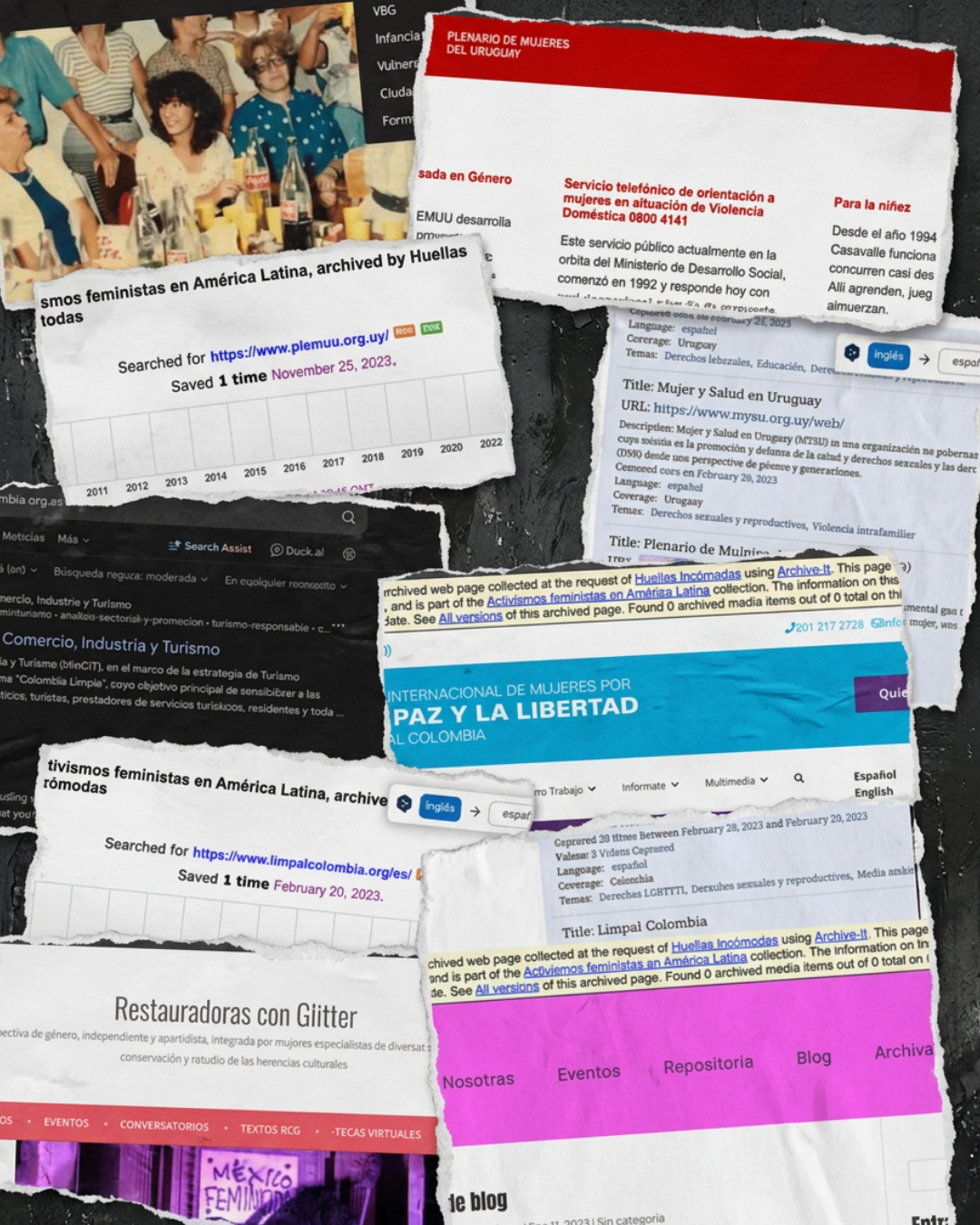 Collage of screenshots from feminist websites across Latin America, representing digital resources at risk of disappearing without systematic web archiving.