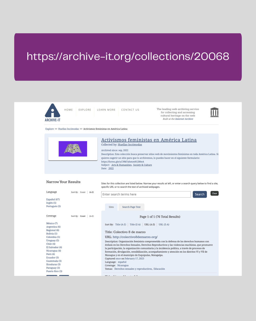 Screenshot of the Archive-It collection “Activismos feministas en América Latina,” displaying archived websites, search tools, and collection metadata.