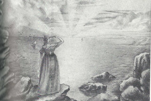 An image of a woman staring at the sunrise above a sea on a jagged cliffside, with some clouds above, birds and a boat to the left, and rocks to the right.