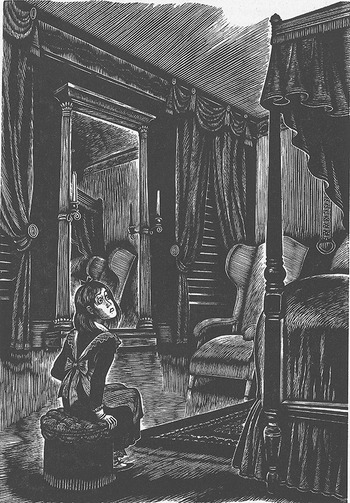 Black and white engraving of Jane Eyre alone in the Red Room
