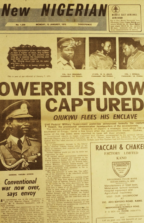 A newspaper headline announcing the capture of an important Biafra territory, marking the end of the Nigerian Civil War. 