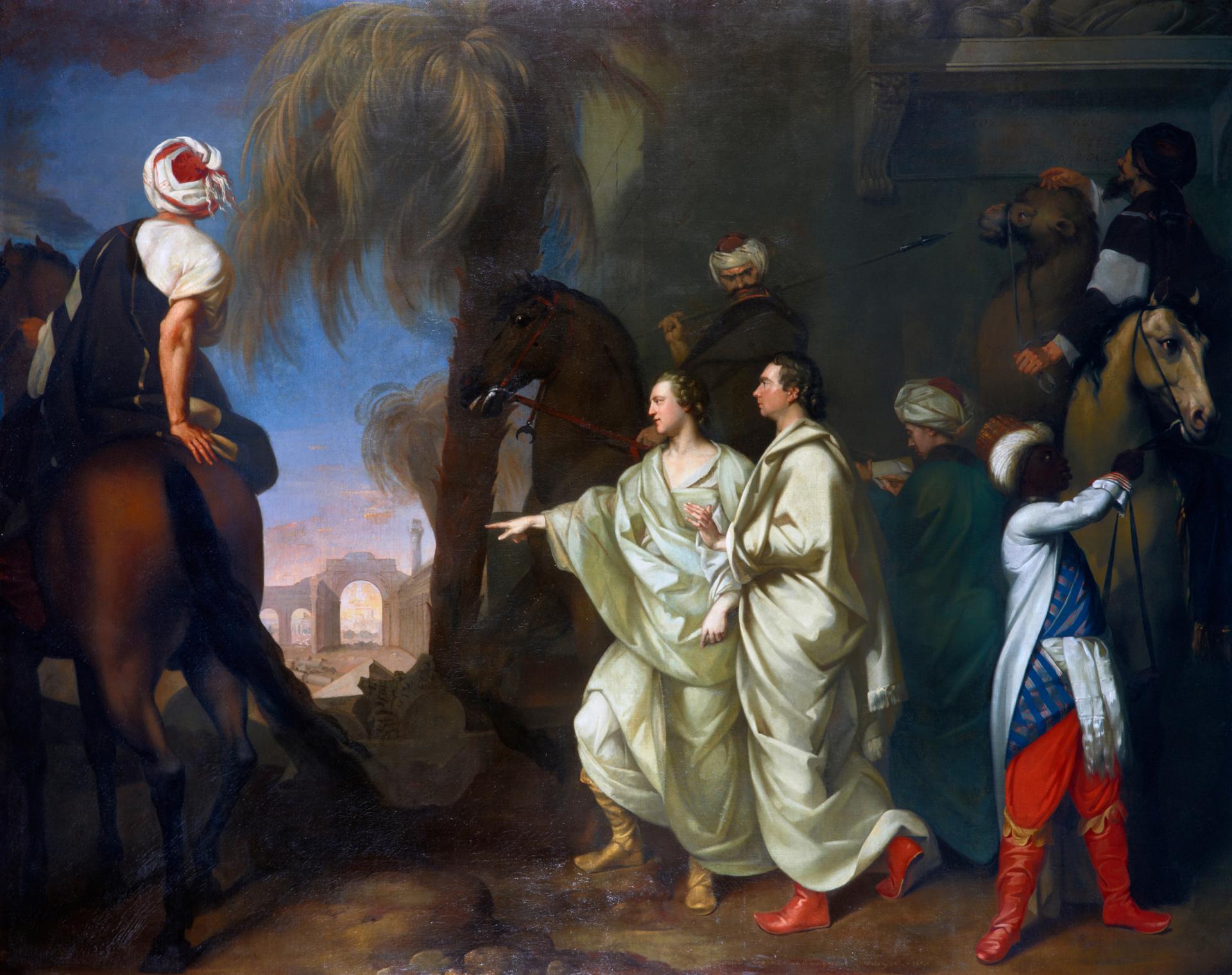 Two explorers in Roman togas, while their entourage wears comtemporary dress.