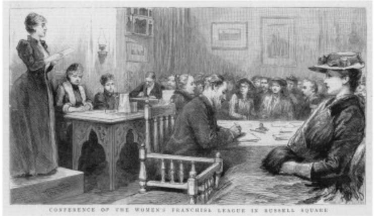 Drawing of a WFL meeting in the home of Emmeline and Richard Pankhurst, circa 1890.