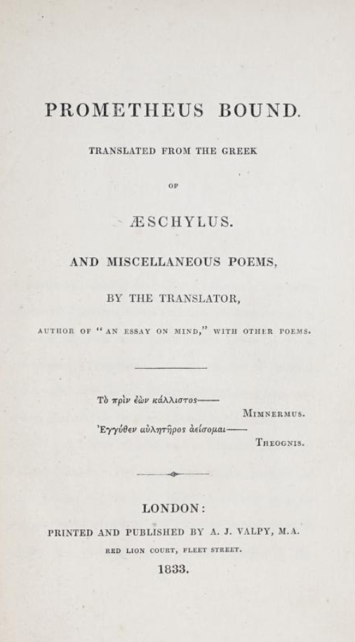 Title page of Prometheus Bound, translated from the Greek of Æschylus, and Miscellaneous Poems by the Translator