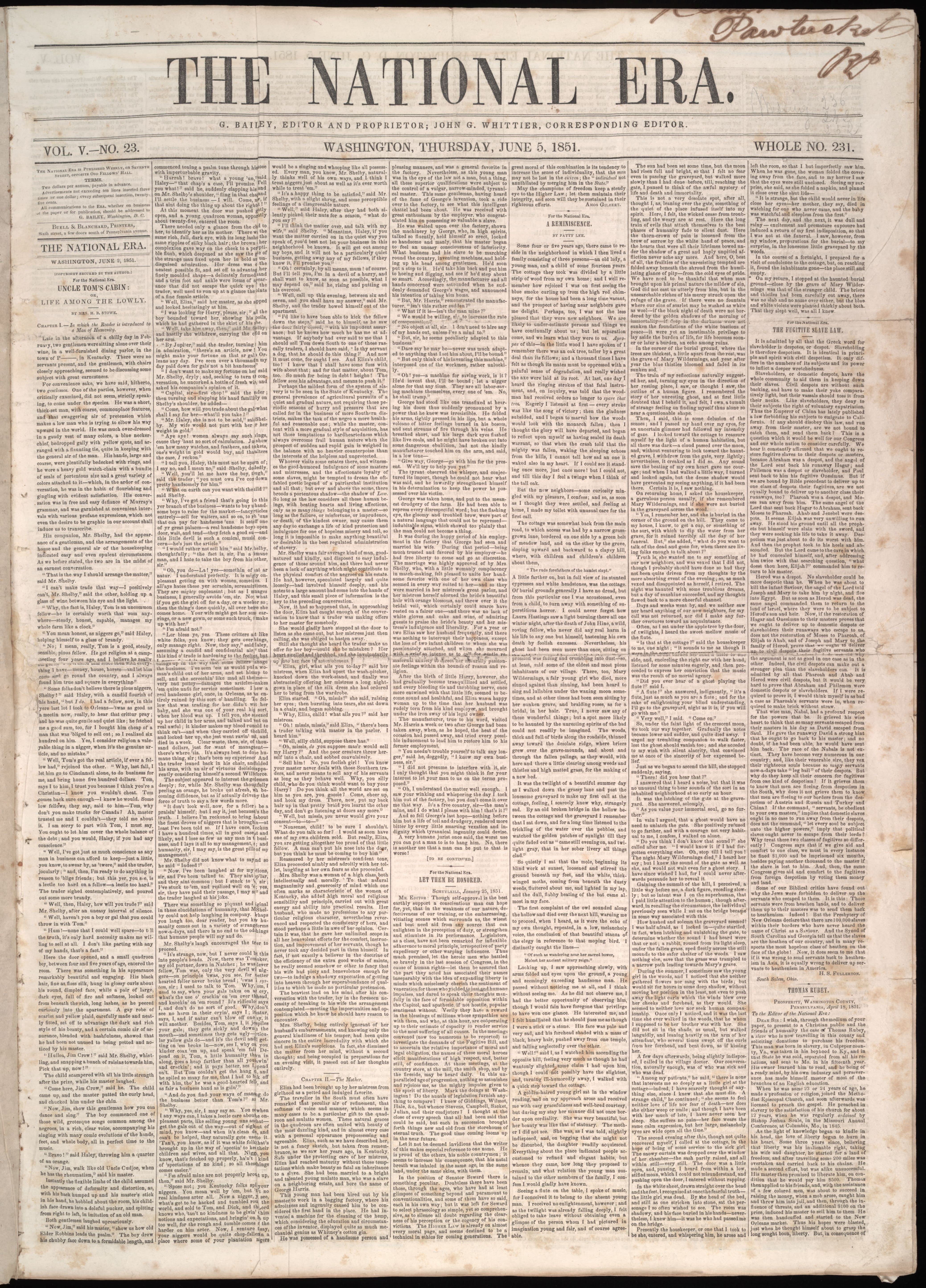 First publication of Uncle Tom's Cabin in The National Era.