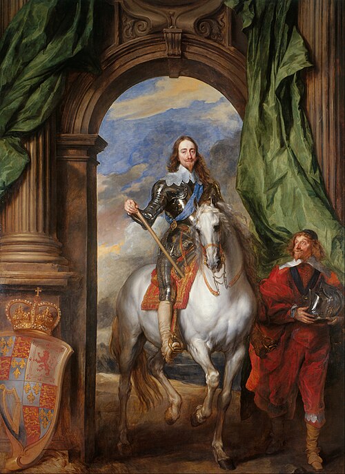 Charles I in armor on a horse, riding through a triumphal arch.