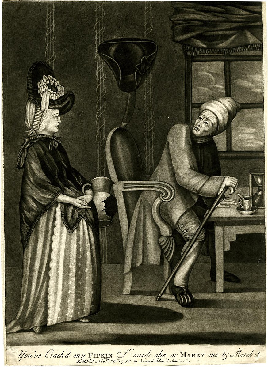 "You've Crack'd my Pipkin Sr: said she so Marry me & Mend it" by Francis E. Adams (found on Wikimedia Commons in the public domain)