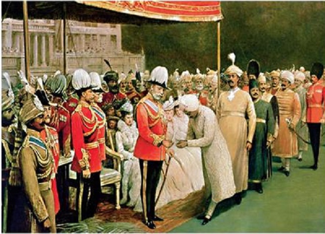 The picture shows a meeting between British and Indian officials through painting. 