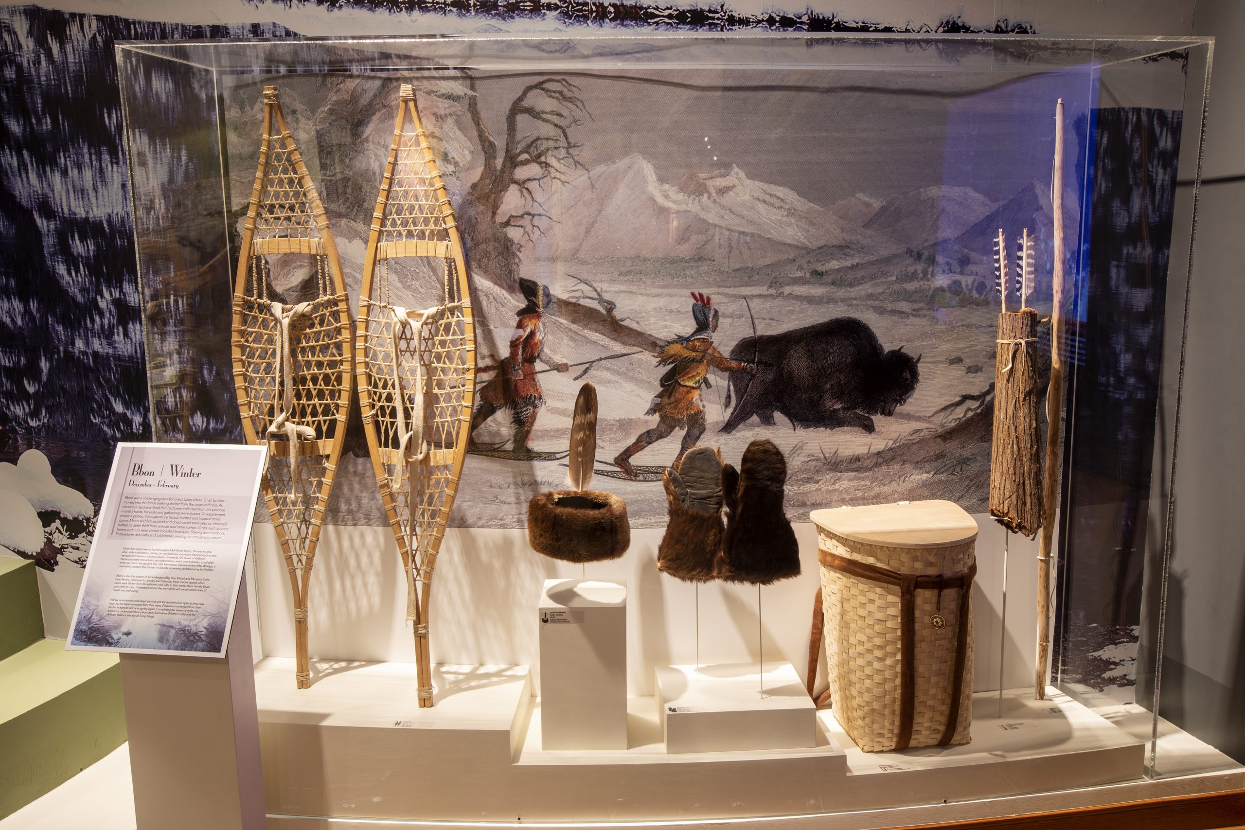 Agmeck (snowshoes) displayed in the Potawatome Cultural Heritage Center’s Gété Neshnabek Zhechgéwen (Lifeways) gallery. Agmek are some of the oldest known survival tools in North America. 