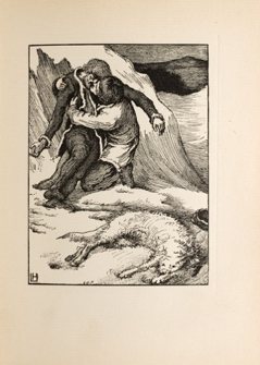 Laurence Housman's illustration of Sweyn and Christian as mirror images of each other for The Were-Wolf in 1896. Engraved by Clemence Housman.