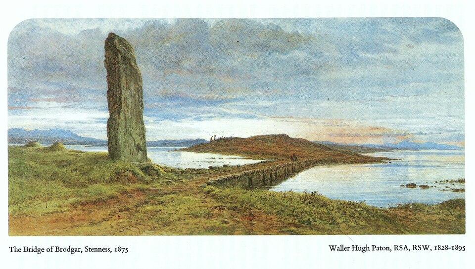 "The Bridge of Brodgar, Stenness, 1875 by Walter Hugh Patton (1828–1895)" by Walter Hugh Patton is licensed under Public Domain