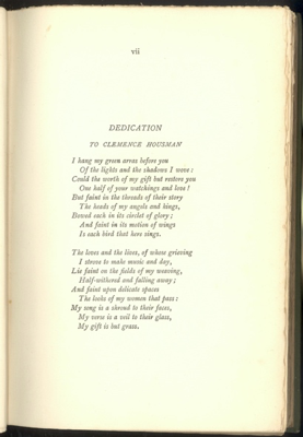 Dedication of Green Arras by Laurence Housman to Clemence Housman (1895)