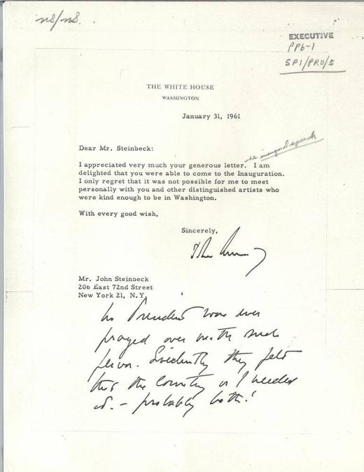 Letter from John F. Kennedy to John Steinbeck