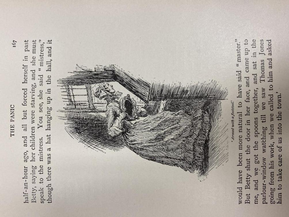 Illustration of a Woman 'armed with a footstool' image depicting Cranford woman leaning out a window, caption read 'armed with a footstool'