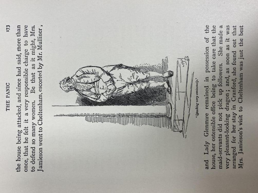 Illustration of a Man 'speaking very ominously' illustration of Cranford man standing on a stoop, caption reads 'speaking very ominiously'