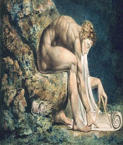 William Blake's depiction of Isaac Newton, a nude figure with a pair of compasses and a blueprint below a night sky.