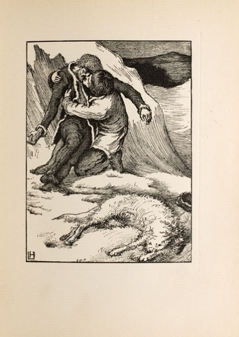 "Swyen's Finding." Illustration by Laurence Housman showing Sweyn holding his dead brother Christian, with the transformed White Fell a corpse at their feet (1896)