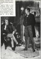 photographic reproduction of watercolour image showing a man standing in front of a fire whilst another man sits in a chair