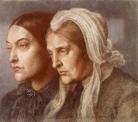 Drawing in coloured chalk of Frances and Christina Rossetti in three-quarter profile.