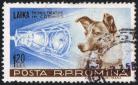 A Romanian postage stamp designed with image of Laika, dog launched into space