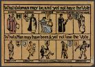 A photo of a banner which was created at the Suffrage Atelier. It reads: "What a woman may be, and yet not have the Vote," with depictions below of a woman as a mayor, a nurse, a mother, a doctor, a teacher, and a factoryhand, followed by its second line of text: "What a man may have been, & yet not lose the Vote, with a man depicted as a convict, a lunatic, a proprietor of white slaves, unfit for service, and a drunkard.