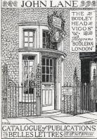 Everard Hopkin’s New’s cover design for John Lane’s Catalogue of Publications in Belles Lettres for 1896, showing the Vigo Street, London store front of The Bodley Head, publishers and booksellers. 