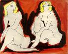 An art piece of two blonde white women are nude, sitting next to each other