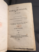 Says "The Woman Of Colour, A Tale." The quote underneath the title states "He finds his brother guilty of a skin not colour'd like his own." -Cowper"  This is followed by publication information.