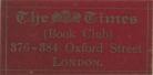 Maroon-coloured adhesive label with thin matte gold border and writing that reads: The Times (Book Club) 376–384 Oxford Street London. The text is centred and fills the label. The Times's logo is inserted between the words "The" and "Times."