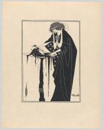 Black-and-white stylized image of woman looking at a man's decapitated head 