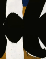 Part of Motherwell’s series mourning the Spanish Civil War, this painting features bold, black forms juxtaposed against white and color fields