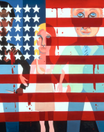 This textile-based work, incorporating the American flag with imagery and text, critiques U.S. militarism and racial injustice during the Vietnam War era.