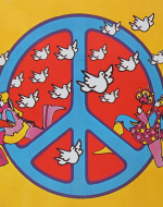 A vibrant, bold image that reflects the counterculture movement of the late 1960s and early 1970s. The artwork features a large, bold peace symbol at its center, surrounded by swirling, vivid colors like neon pinks, blues, greens, and yellows. The swirling patterns and bright colors emphasize the peace symbol, which became synonymous with anti-war and civil rights activism. Blending elements of Pop Art and psychedelic art, Max captures the optimism, rebellion, and creative spirit of the youth’s movement. It