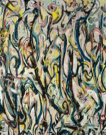 A massive, energetic work commissioned by Peggy Guggenheim, it marked Pollock's shift toward his iconic drip-painting style. The piece is a dynamic blend of swirling forms and colors, suggesting movement and chaos.