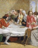 A painted depiction of a scene from Boccaccio's Decameron. A young Italian woman and her lover eat dinner at table preoccupied with one another, but unable to see the looming threat and malice of her three brothers who disapprove of the love-match. The suitor is later murdered by the brothers.