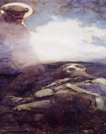 Apparition of Jesus on the cross over the body of a fallen soldier