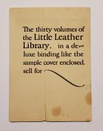 an old sheet of paper, heavily yellowed, that reads "The thirty volumes of the Little Leather Library, in a deluxe binding like the same cover enclosed, sell for ~"