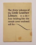 an old sheet of paper, heavily yellowed, that reads "The thirty volumes of the Little Leather Library, in a deluxe binding like the same cover enclosed, sell for ~"