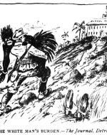 This is  cartoon, published in the Detroit Journal, showing an American man lifting an unwilling African Man to school.