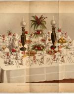 Illustration of dining table with cutlery, chinaware and decoration