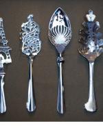 Sample of differerent absinthe spoon designs with insert photograph showing how spoon was used