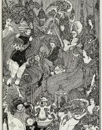 An illustration of a room full of people, with objects blending into people's forms. All but two of the faces look upset, and one of the faces who doesn't is the handle of a pot of some kind. Very crowded scene filled with opulent detail.