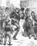 Bob Cratchit and Tiny Tim on the streets of London, surrounded by onlooking adults and children