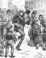 Bob Cratchit and Tiny Tim on the streets of London, surrounded by onlooking adults and children