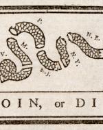 Cut up snake with the initials of the colonies in each section, the words join or die underneath.